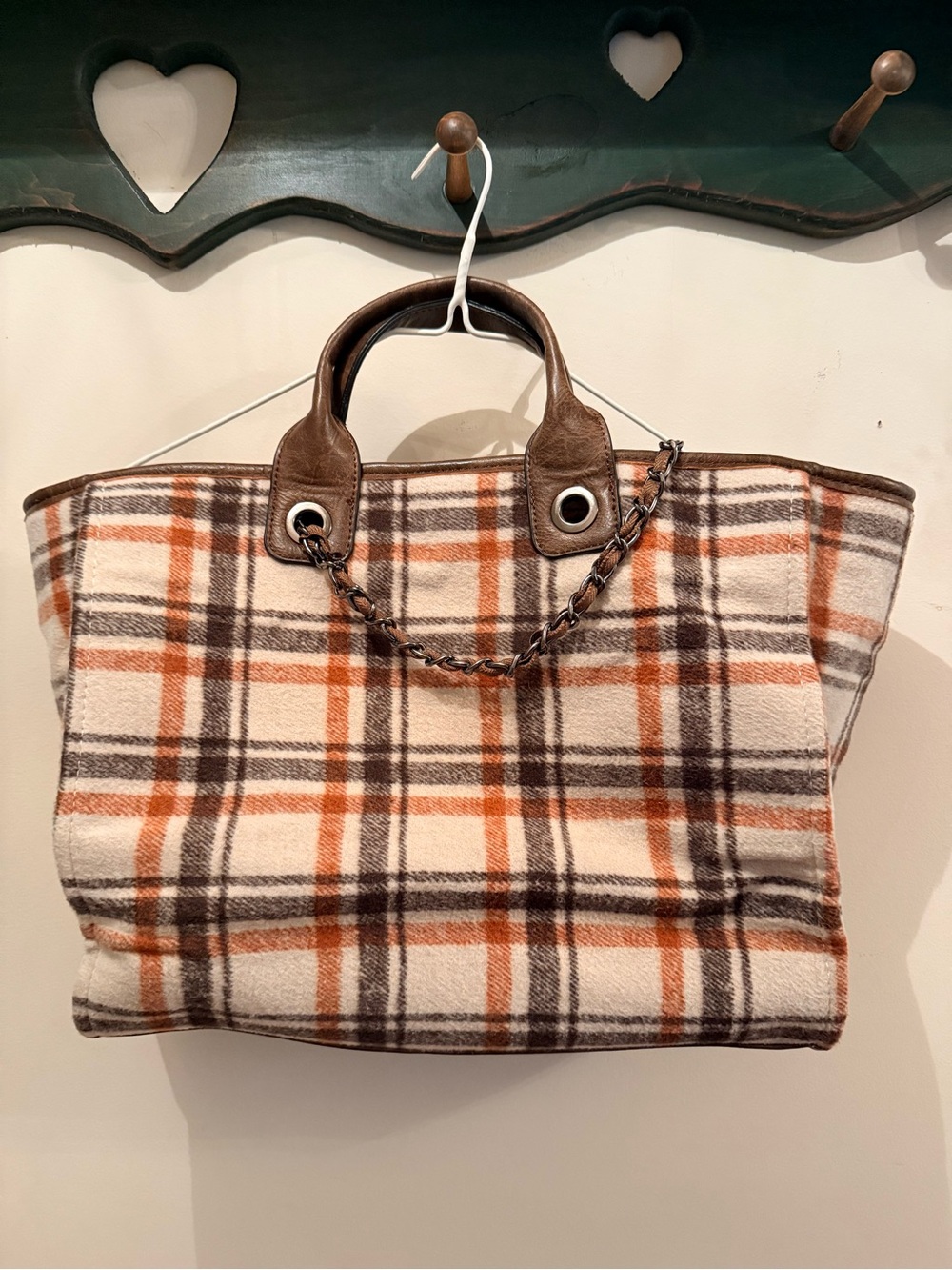Plaid Tote Bag with Brown Leather Accents - Casual Women’s Handbag